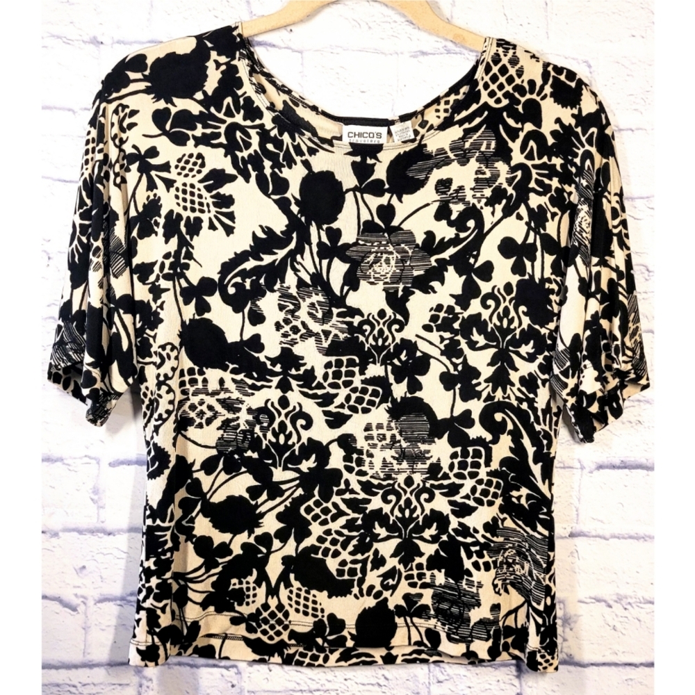 Chico's Cream Black Floral Top Pullover Round Neck Size L Mature Feminine Office